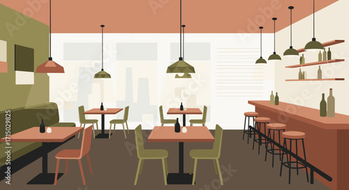 Illustration of a restaurant interior with tables, chairs, bar, and pendant lights on transparent background