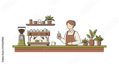 Barista with coffee cup at counter with espresso machine and plants on transparent background