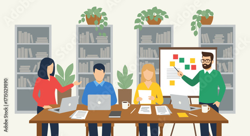 Illustration of a business meeting with people, laptops, and a presentation board on transparent background