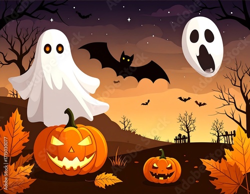 Halloween scene with ghosts and pumpkins