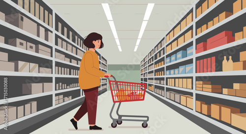 Woman pushing shopping cart in grocery store aisle on transparent background