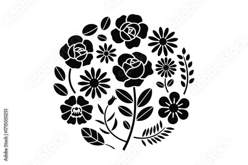 Black and white floral arrangement in a circle