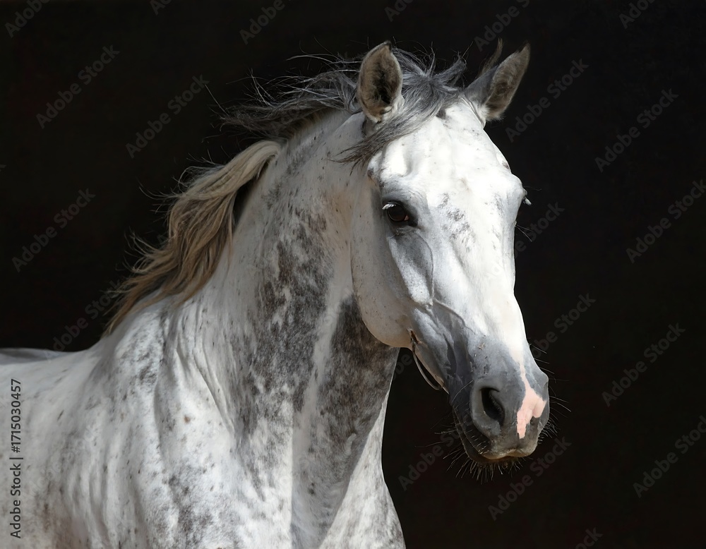 Obraz premium Elegant Gray Horse Portrait Against Black Background