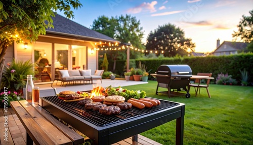 A view of a large backyard with a barbecue grill in the foreground, with grilled meat and vegetables on it, and a family relaxing on the patio at sunset in the blurred background. 