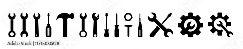 Tools and Service icons set. Wrench, screwdriver and gear icon. Screwdriver and wrench glyph icon. Settings and repair, service sign - stock vector.