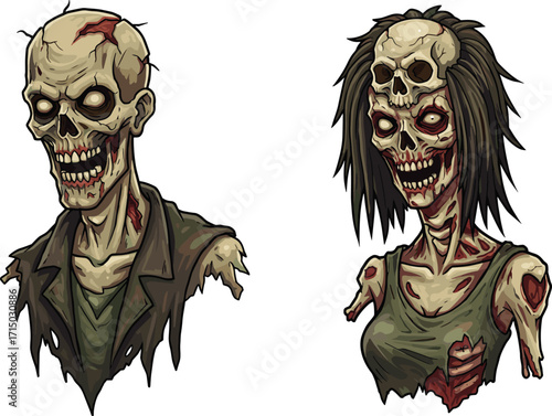 zombie, undead, horror, couple, male, female, monster, apocalypse, scary, vector, illustration, fantasy, character, Halloween, creepy, walking dead, decayed, infected, nightmare, gore