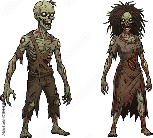 zombie, undead, horror, couple, male, female, monster, apocalypse, scary, vector, illustration, fantasy, character, Halloween, creepy, walking dead, decayed, infected, nightmare, gore