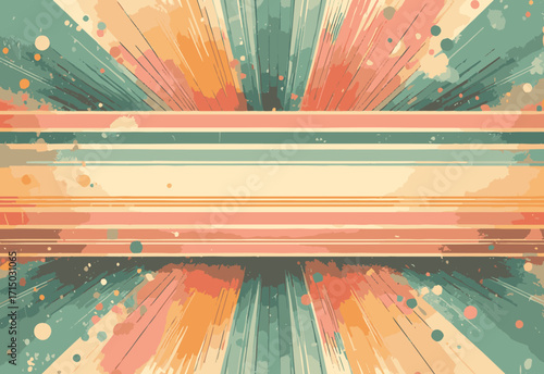 A bold, retro-inspired abstract illustration with radiant pastel rays bursting from a central axis, accented by colorful stripes and splatters, conveying energy