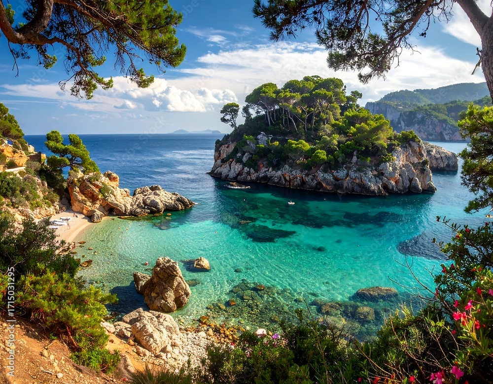 Fototapeta premium A tranquil cove nestled amongst lush greenery, showcasing a vibrant turquoise bay with a small island in the center.