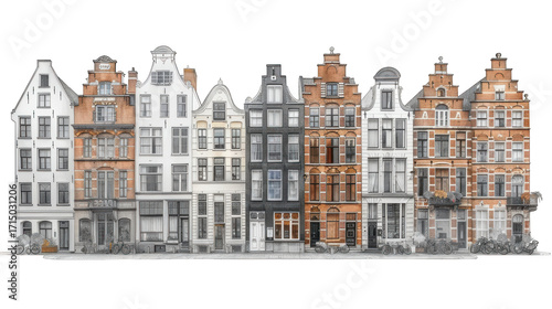 Collection of charming old dutch canal houses with distinctive gabled roofs and colorful facades isolated on transparent background