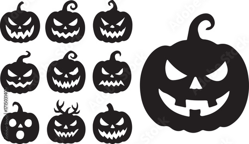 Set of scary halloween pumpkin faces – spooky carved jack O’lantern vector collection.eps