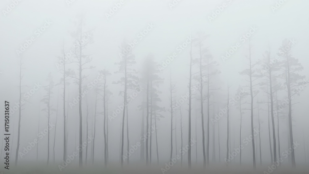 Fototapeta premium Misty forest scene with tall trees shrouded in dense fog and low visibility
