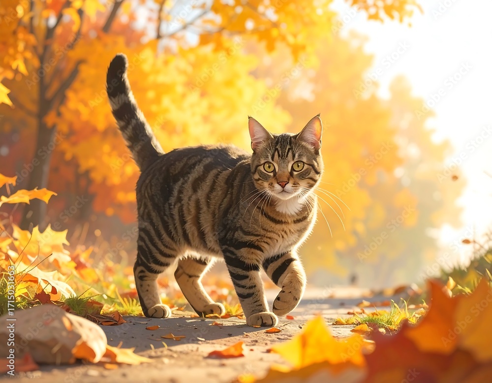 Fototapeta premium A tabby cat strolls through a pathway lined with vibrant autumn leaves, bathed in warm sunlight.