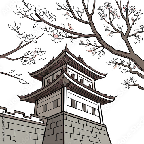 japanese pagoda and cherry blossom