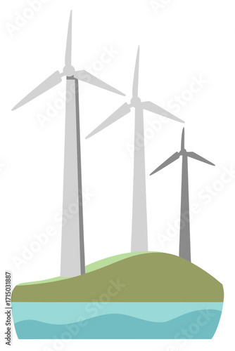 Wind turbines generating renewable energy on green hill by water  