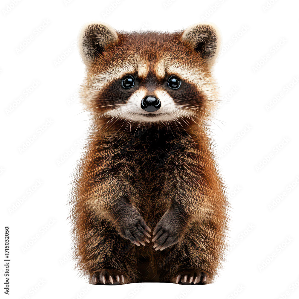Fototapeta premium Tanuki, A tanuki, characterized by its fluffy fur and mask-like face, resting on the ground surrounded by greenery, isolated on transparent background