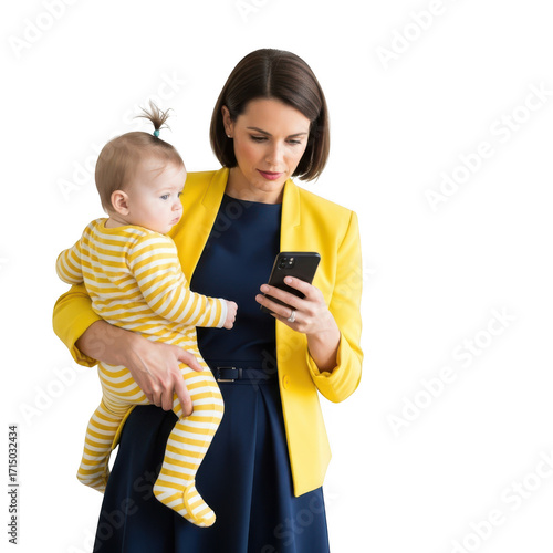 Woman in yellow jacket holding baby and looking at phone isolated on transparent background
