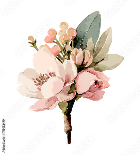 Hand drawn watercolor groom boutonniere, pastel flowers, soft romantic palette, isolated on white background