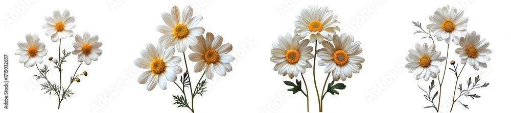 Fototapeta premium Collection of white daisylike flowers with yellow centers, isolated on transparent background