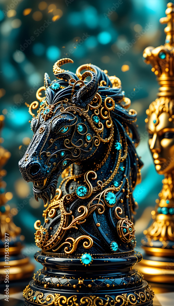 Fototapeta premium Fantasy black horse with golden ornate armor and jewels