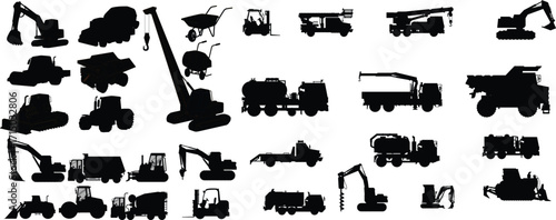 set of silhouettes of construction truck