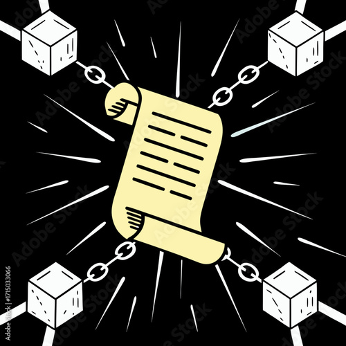 Document with chains and weights on black background  