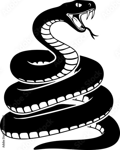 Fierce coiled black serpent ready to strike with fangs bared in powerful warning