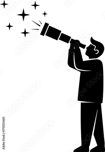 Visionary explorer gazes at stars with telescope, discovering future possibilities and new horizons