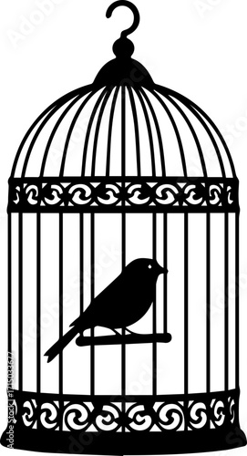 Elegant black bird in ornate cage symbol of freedom or confinement, artistic silhouette