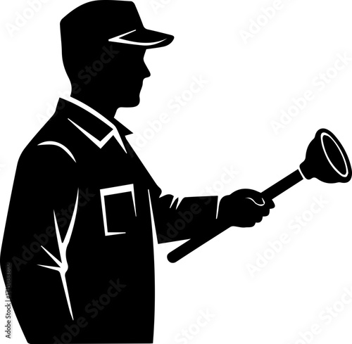 Skilled plumber ready for service holding plunger, professional and reliable