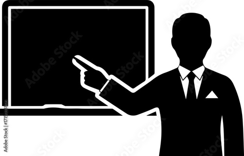 Confident professional points to blank board, ready for engaging presentation or educational lesson
