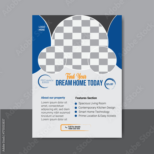  real estate A4 size flyer design with blue, brochure template design, Real estate flyer template design for your business