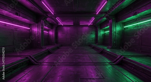 Futuristic metal corridor with neon lights purple on left green on right