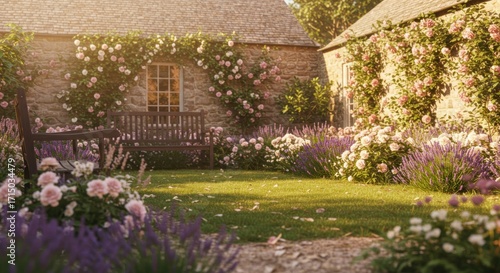 Serene garden scene with a stone house benches lavender and climbing roses under warm sunlight