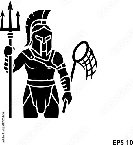 Fierce gladiator warrior holding trident and net, ready for battle, powerful ancient combatant