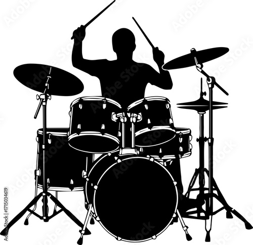 Energetic drummer performing a powerful beat on a full drum kit, capturing the rhythm and passion of music creation.