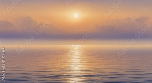 Tranquil seascape featuring a sun setting over calm water reflecting light as gentle ripples cover the surface