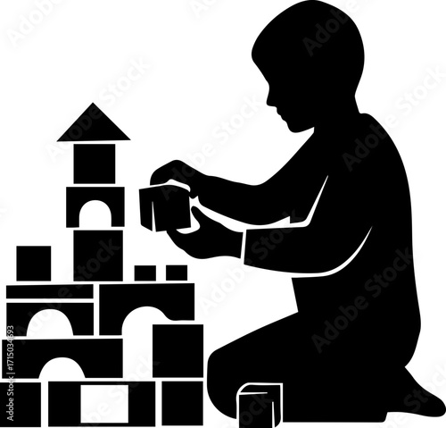 Young child building a tall tower with wooden blocks, fostering creativity and imagination in play