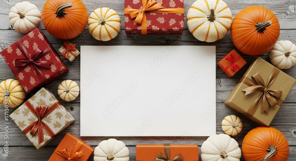 Fototapeta premium Autumn pumpkins and gift boxes arranged around blank white sheet on rustic wood, seasonal holiday concept for Thanksgiving, fall parties, greeting card. Top view
