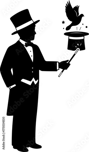 Dapper magician conjures a dove from a top hat with a magical wand, captivating audiences with wonder.