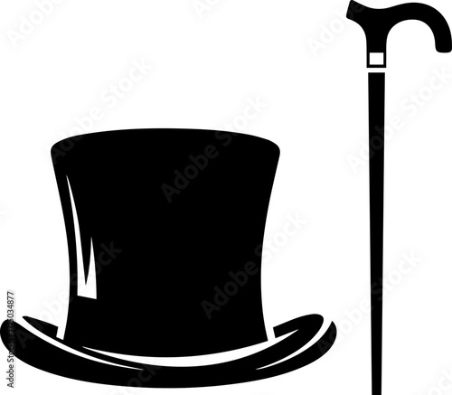 Elegant top hat and sophisticated walking cane create a classic, distinguished gentleman's style statement.