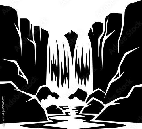 Dramatic waterfall plunges into serene pool, surrounded by rugged canyon cliffs, nature's power personified.