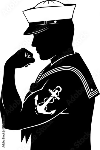 Proud sailor flexing bicep with anchor tattoo, symbolizing strength and maritime pride
