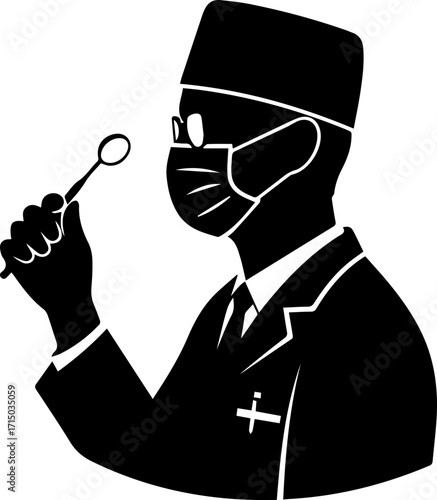 Professional dentist silhouette with mask and tool, ready for patient care and dental procedures.