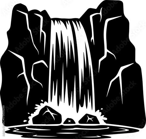 Majestic waterfall cascades down rugged cliffs into a serene pool below, evoking nature's power and beauty