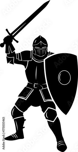 Brave knight in full armor brandishing sword and shield ready for epic medieval battle