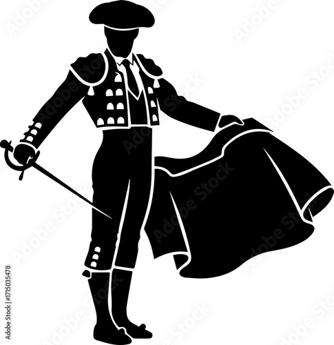 Dynamic matador poised with sword and cape, ready for bullfighting spectacle