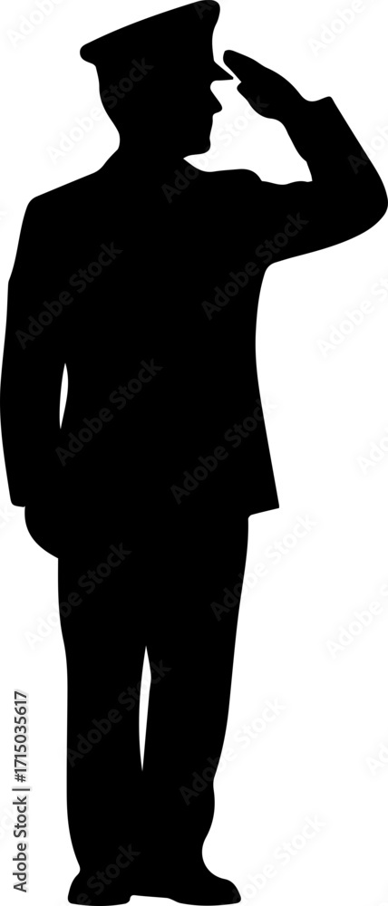 Fototapeta premium Confident uniformed officer salutes smartly, embodying respect and authority in a striking silhouette