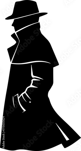 Mysterious figure in trench coat and fedora walking, exuding intrigue and suspense