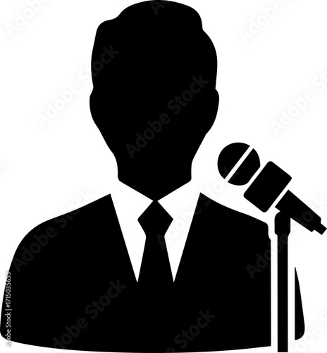 Confident speaker addressing audience with microphone, professional presentation, public speaking success